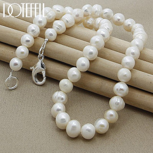 DOTEFFIL 8mm Natural Pearl White/Pink/Purple 925 Sterling Silver 16/18/20 Inch Chain Necklace Woman Engagement Wedding Jewelry