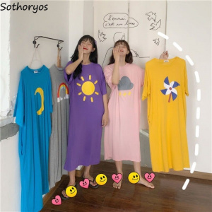 Nightgowns Women Short Sleeve Summer 3XL Sleepwear Printed Long Sleepshirts Students Kawaii Ulzzang Trendy Stretchy Simple Loose
