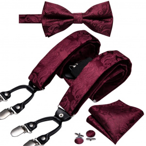 Silk Bowtie Cufflinks Elastic Wedding Suspender Set with 6 Clips for Men