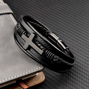Trendy Leather with Stainless Steel Cross Punky Chakra Bracelet for Men
