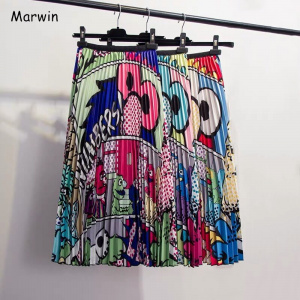 Marwin 2019 Spring New-Coming Europen Cartoon Pattern High Elasticity Pleated skirt High Street Style A-line Mid-Calf Christmas