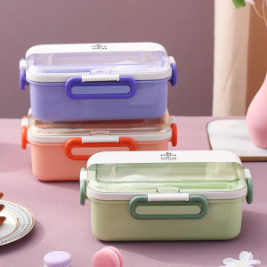 Portable Plastic Lunch Box Student Office Worker with Tableware Snacks Food Preservation Holder Microwave Cute Divided Bento