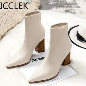 ICCLEK New Women's Boots Fashion Ankle Boots Pointed Toe Square Heel  Pu Women's Boots Black Beige Zapatos De Mujer A058