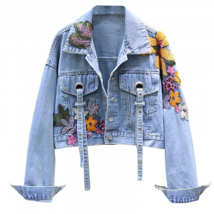 Floral Sequin Embroidered Spring Autumn Short Denim Jackets for Women