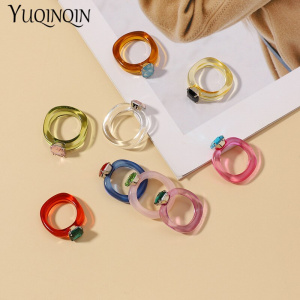 Fashion Acrylic Colorful Rectangle Rhinestone Rings for Women Big Transparent Finger Ring Girls Vintage Female Beautiful Jewelry