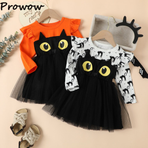 Prowow 2-6Y Kids Halloween Dresses For Girls Black Cat Print Cartoon Party Dresses Toddler Halloween Costume For Children Baby