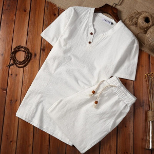 (Shirt + shorts)summer fashion Short sleeve men shirt Cotton shirts men's casual elastic waist shirts men full size M-5XL