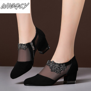 Women High Heel Shoes Mesh Breathable Pumps Zip Pointed Toe Thick Heels Fashion Female Dress Shoes Elegant Footwear
