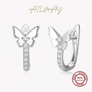 Ailmay Real 925 Sterling Silver Fashionc Shining Butterflies Clear Zircon Earrings For Women Girls Party Accessories Jewelry