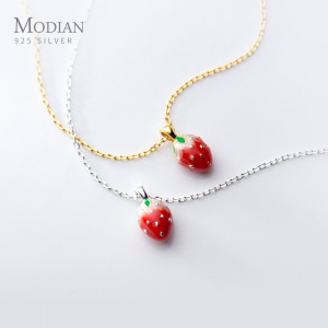 Modian Cute Strawberry Pendant Necklace for Women Fashion Genuine 925 Sterling Silver Gold Color Necklace Fine Jewelry Bijoux