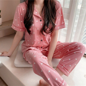 Short Sleeve Long Pant Printed Cotton Pijamas 2 Piece Suit Set for Women