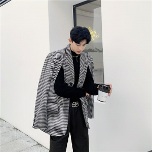 MIXCUBIC Korean style unique Double side Seam design Suit men Casual loose Houndstooth plaid Blazers for men M-XL