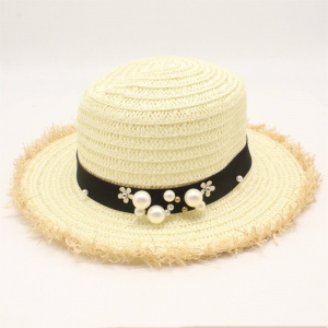 Boater Straw Sun Hat Pearl Flat Top Casual Panama Ladies Hat Beach Travel Women Hat for Church Grace Hat