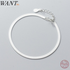 WANTME Korean Minimalist Real 925 Sterling Silver Snake Flat Blade Chain Charm Bracelet for Women  Party Jewelry Birthday Gift