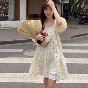 Dress Women Print Puff Sleeve Sweet Student Short Sleeve Korean Version Lovely Stylish Summer Above Knee Empire Loose Vestidos