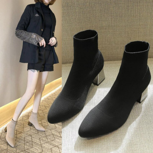 New Women Shoes Martin Boots High Heel Stretch Fabric Ankle Boots for Women Fashion Pointed Sock Shoes Zapatos De Mujer