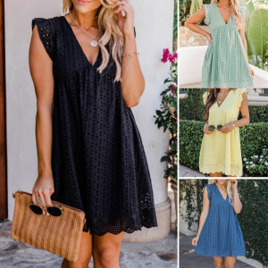 Solid Color V-Neck Sundress, Dress With Short Pleated Skirt Outfits