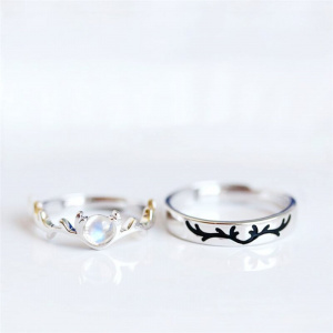 Sole Memory Moonstone Antlers Couple Cute 925 Sterling Silver Female Resizable Opening Rings SRI597