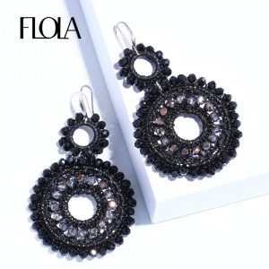 FLOLA  Bohemia Crystal Beads Woven Earrings Woman Handmade Black Beads Big Earrings Ethnic Oorbellen Big Drop Earring ersm93
