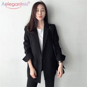 Aelegantmis Elegant Long Sleeve Slim Blazer Jacket Women Casual Black Outwear Spring Autumn Lady Office Suit Blazer Plus Size