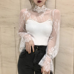 Women Tops Mock Neck Long Sleeve Mesh T-Shirt Floral Applique Eyelash Lace Pullover Sexy Hollow Out Crochet Clubwear