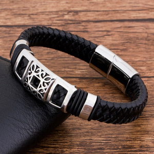 Couples Fashion Charm Rope Wholesale  Black Genuine Leather Bracelet Men Jewelry Stainless Steel  Magnetic Accessories