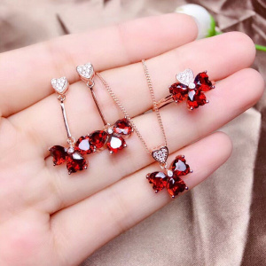 Trendy 925 Sterling Silver Necklaces Women Wedding Four-leaf Clover Necklace Red Zircon Heart Pendant Ring Earring set Jewelry