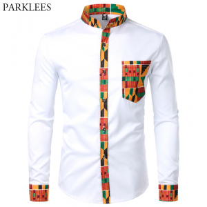 Dashiki African Mens Shirt Patchwork Pocket Africaine Print Shirt Men Ankara Style Long Sleeve Design Collar Mens Dress Shirts