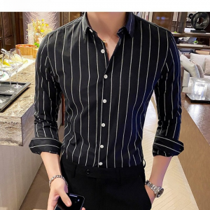 Korea Style Handsome Fashion Mens Shirts Button Down Slim Fit Long Sleeve Striped Shirts Asain Size