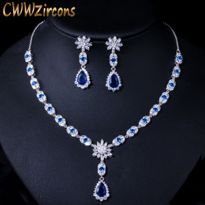 CWWZircons Elegant White Gold Color Flower Water Drop Women Party Wedding Necklace and Earrings Royal Blue CZ Jewelry Sets T184