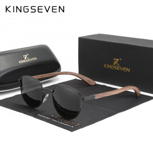 KINGSEVEN 2022 New Handmade Walnut Wood Round Sunglasses Men Women Polarized Mirror Sun Glasses Male Steampunk Shades Oculos