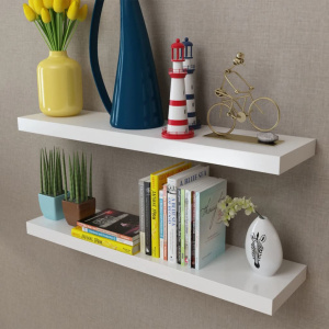 Floating Wall Shelf Set of 2 White MDF Matte Finish for Living Room Bedroom Office Display