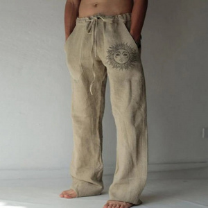 Jodimitty Men's Casual Pants sweatpants Sun Flower Print Full Length Pants Pocket Drawstring Linen Trousers Men