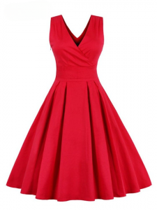 Tonval Red Pleated Plain Solid Vintage Dress Women Wrap V-Neck Belted Elegant Party Retro Cotton Summer Dresses