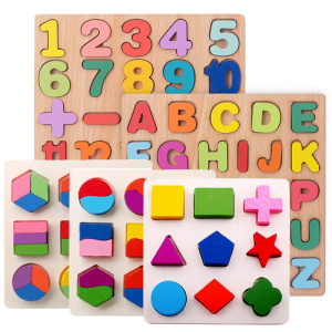 Wooden Alphabet Puzzle With Shapes, 3D Puzzle For Toddlers