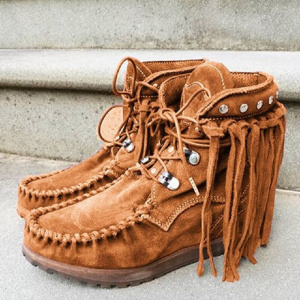 Women Faux Suede Boots Causal Lace Up Round Toe Female Ankle Boots Vintage Solid Tassel Ladies Cowboy Boots Short Boot
