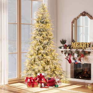 Snow-Flocked Artificial Christmas Tree Pre-Lit Hinged Xmas Tree with Warm White LED Lights