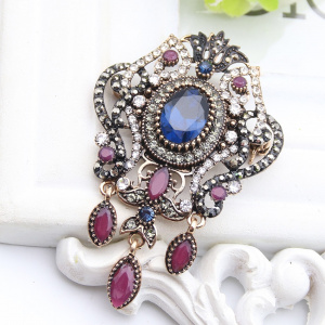 New Turkish Resin Brooch Pins Flower Jewelry For Women Hijab Pins Antique Gold Color Rhinestone Drop Pendant Brooches Broches