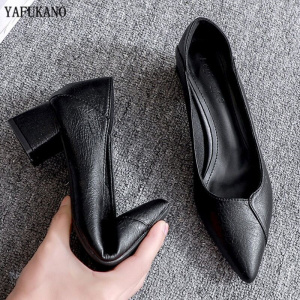 Simple Fashion Soft Leather Womens Pumps Square Heel High Heels 3Cm/5Cm Chunky Heel Black Career Work Shoes New Arrivals