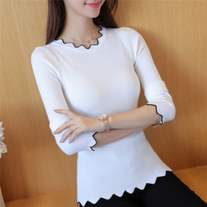 Spring and autumn new black and white inner knit long-sleeved sweater bottoming sweaters women slim tight lace collar