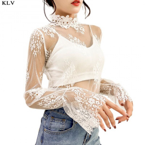 Women Tops Mock Neck Long Sleeve Mesh T-Shirt Floral Applique Eyelash Lace Pullover Sexy Hollow Out Crochet Clubwear