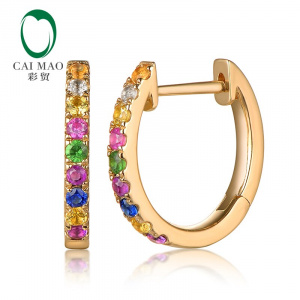 CAIMAO Colorfully Natural Gemstones Earrings Hoop 14K Yellow Gold Fine Jewellery for Women