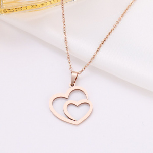 CACANA Stainless Steel Necklace For Women Man Hollow Double Heart Rose Gold Choker Pendant Necklace Engagement Jewelry