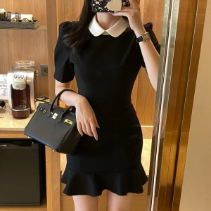 Puff Sleeve Dress With Color Contrast Lapel, Slim Waist Mermaid Mini Dress