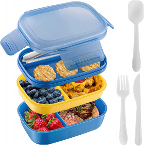 Bento Box Lunch Box, 3 Stackable Bento Lunch Containers, with Utensil Set, Leak-Proof Bento Box for Dining Out, Work, Picnic
