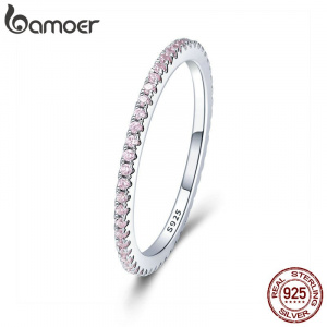 BAMOER 925 Sterling Silver Pink Crystal Wedding Female Rings for Women Simple Geometric Ring Sterling Silver Jewelry SCR066