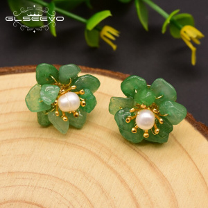 GLSEEVO Natural Jade Pearl Stud Earrings For Women Mom Birthday Day Gift 925 Sterling Silver Flower Earring Fine Jewelry GE0780