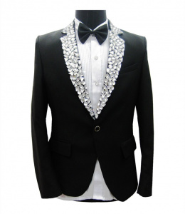 Black Men's Jacket Sparkly Rhinestones Blazers Formal Groom Wedding Prom Party Male Singer Host Stage Performance Costume