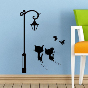 New Sweet Couple Cat Wall Stickers Street Light Butterfly Decorative Stickers for Kids Room Living Room Wall Decal Home Decor