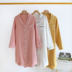 Summer Ladies Cotton Nightgowns Long-sleeved Simple Plus Size Sleepwear Double-layered Gauze Sleeping Dress Striped Sleep Tops